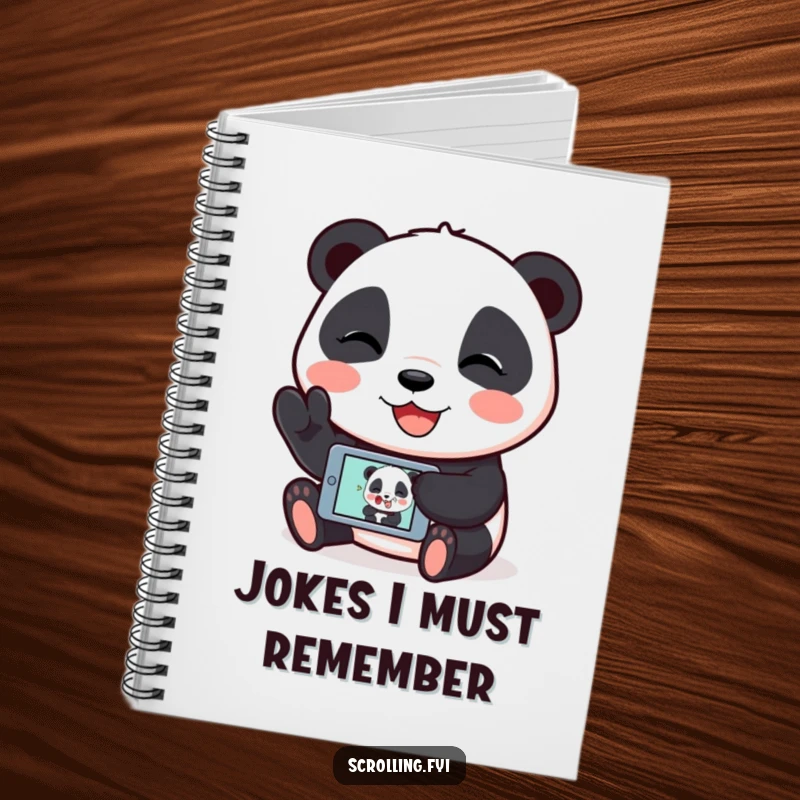 Funny notebook with a giggling panda displaying a humorous image on its mobile device, perfect for jotting ideas.