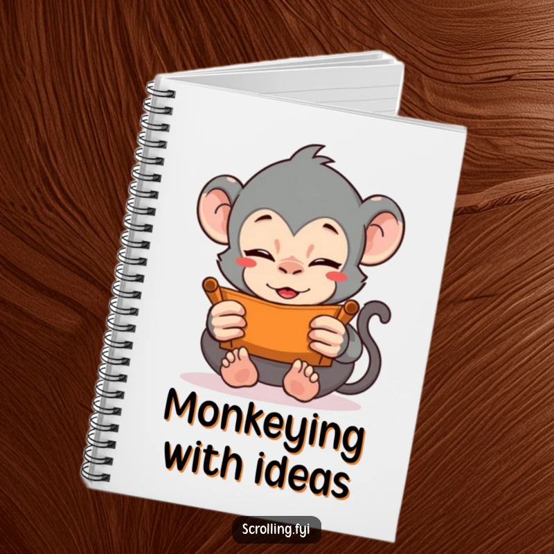 Funny notebook cover featuring a monkey vigorously scrolling with both hands. Perfect for note-taking and digital brainstorming with a humorous edge.