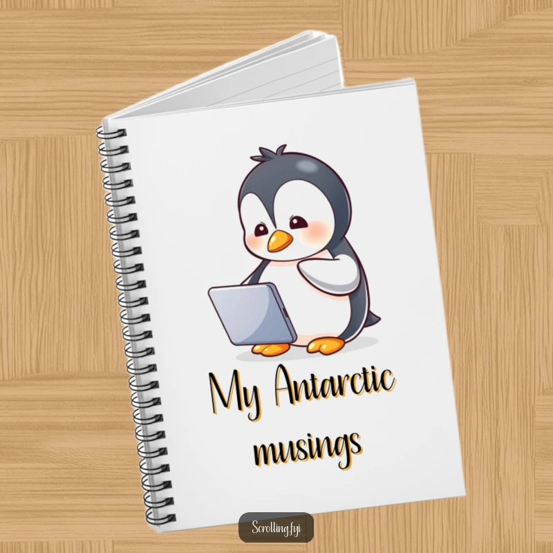 Funny notebook with a gleeful penguin watching a tablet, symbolizing humorous entertainment and organization.