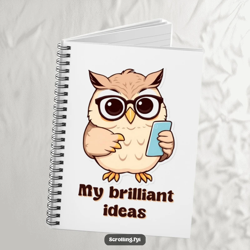 Funny owl notebook cover depicting a wise owl squinting at a small phone screen, adjusting spectacles.
