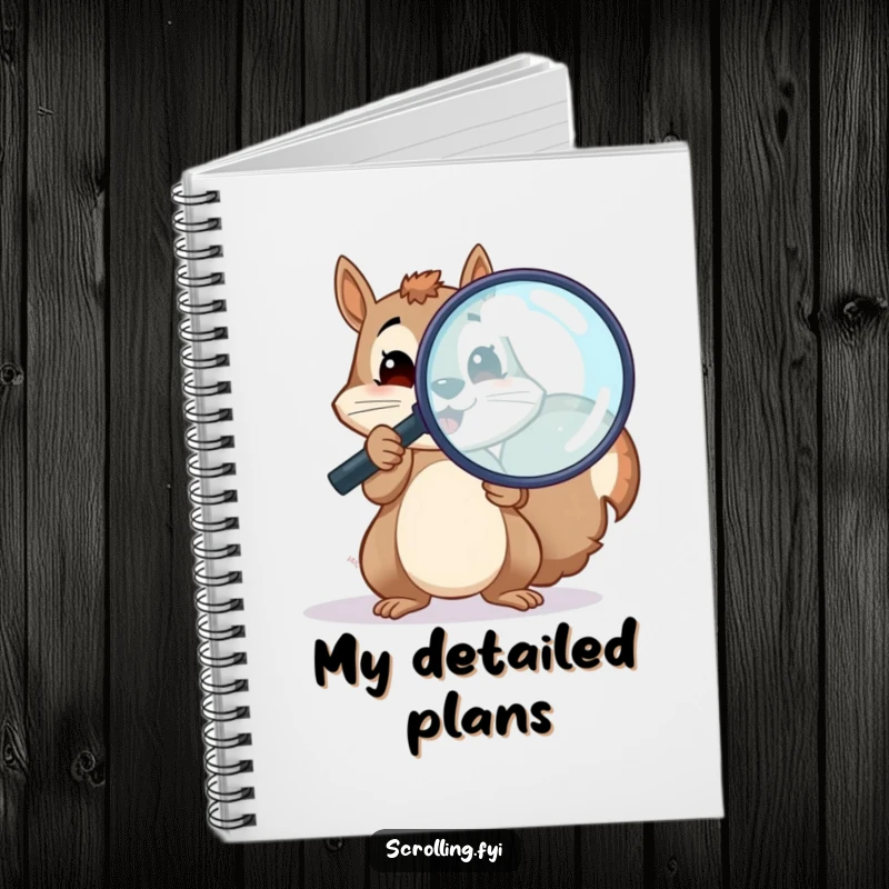 Funny notebook cover with a cheerful squirrel holding a magnifying glass over a screen, perfect for a funny journal gift.