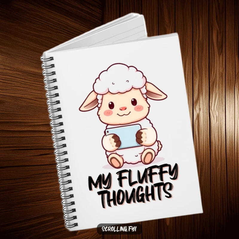 Funny sheep notebook cover with a content sheep holding a phone horizontally, watching a video serenely.