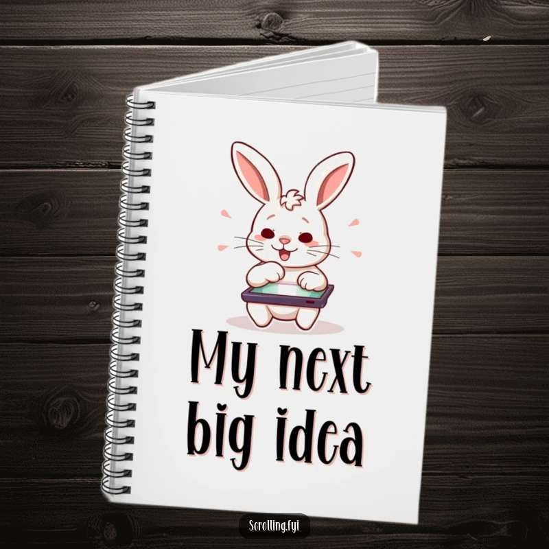Funny notebook cover with a determined rabbit character swiping on a tablet, perfect for a funny journal gift.