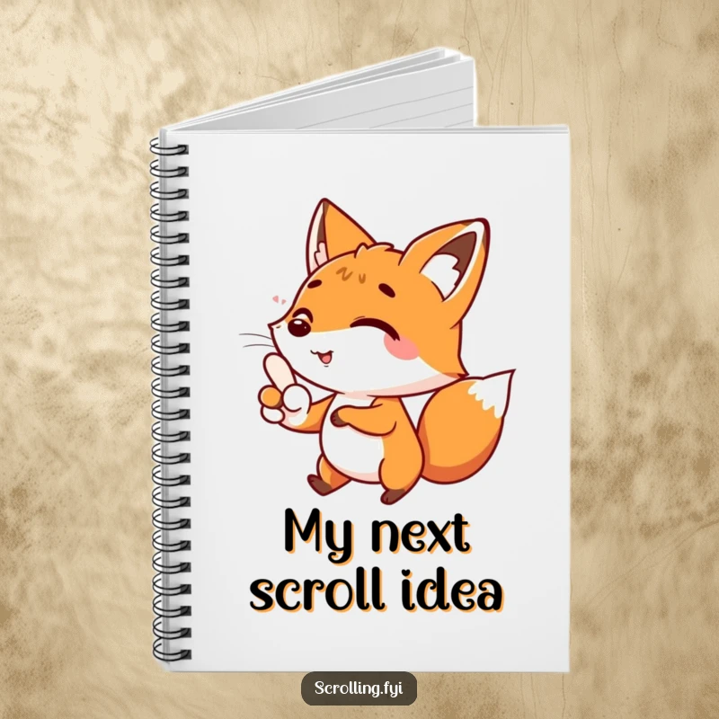 Funny notebook cover with a happy fox character scrolling with its thumb, perfect for a funny journal gift.