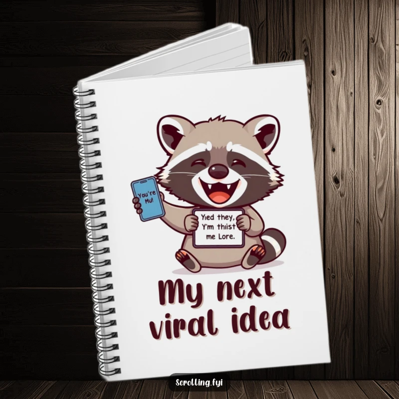 Funny notebook: A delighted raccoon excitedly shares a funny meme from its device, ready to jot down creative thoughts and ideas.