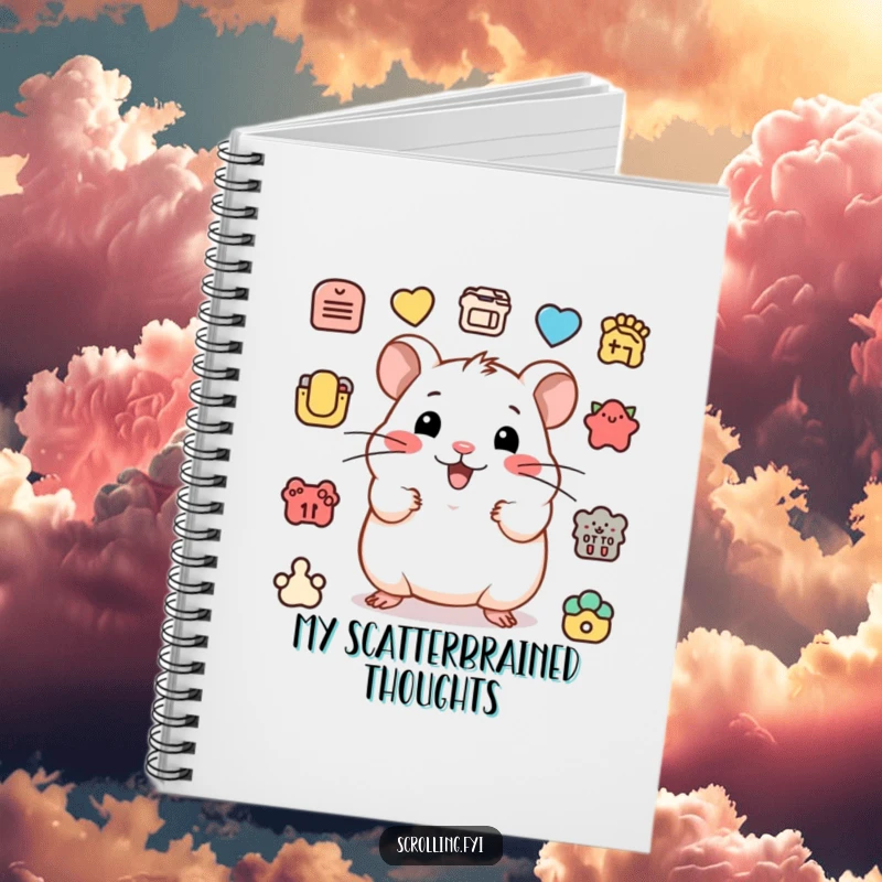 Funny notebook with a happy hamster clicking icons, symbolizing humorous planning and organization.