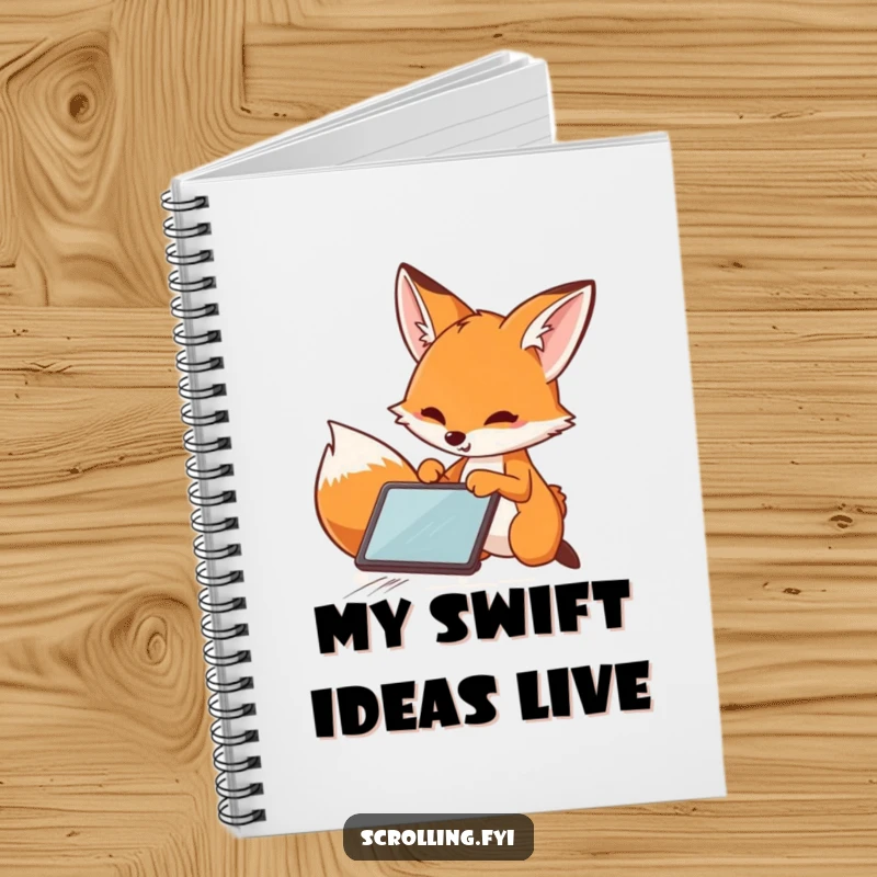 Funny Fox Notebook: Cover features a playful fox rapidly swiping a tablet, inspiring quick thinking and note-taking.