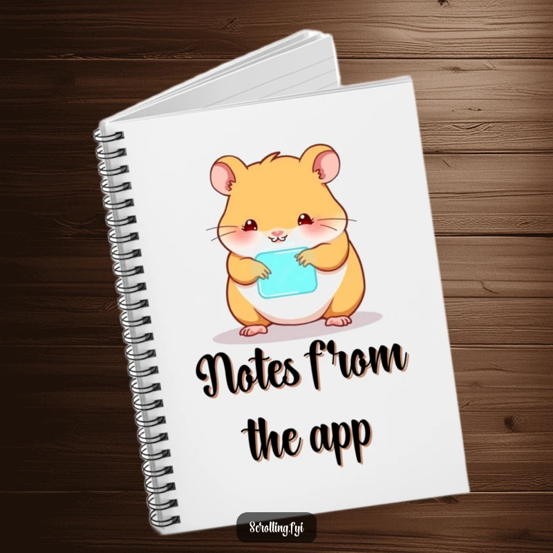 Funny hamster notebook, happily tapping a device, symbolizing ideas and gadget enthusiasm.