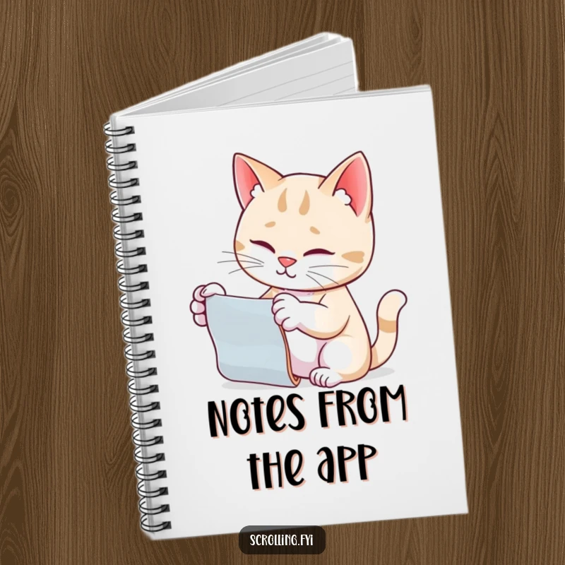 Funny cat notebook, scrolling with paw extended, symbolizing creative thoughts and pet obsession.