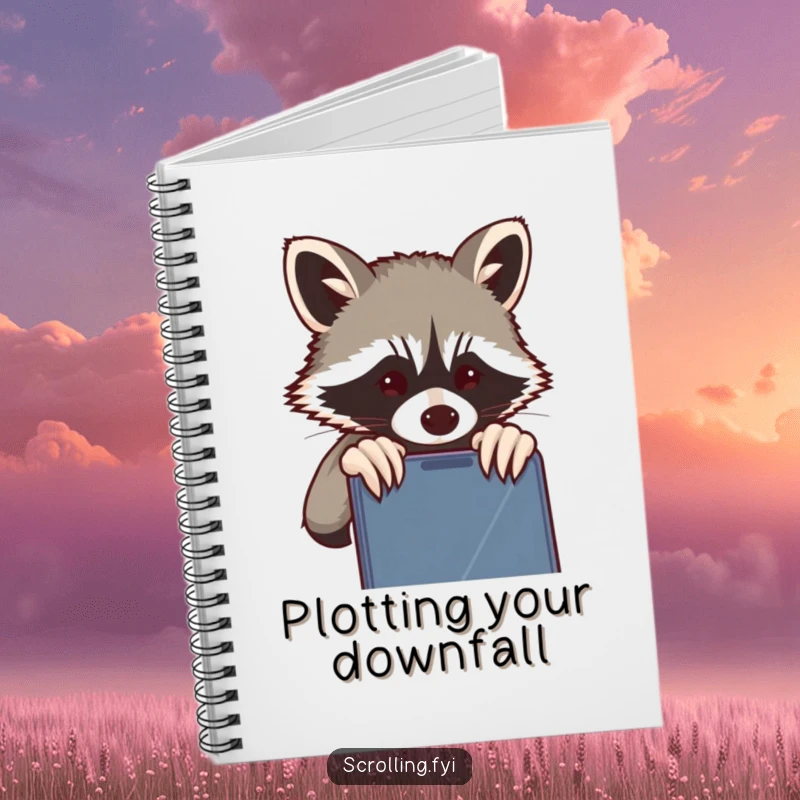 Funny Raccoon Notebook: A mischievous raccoon peeking over a shoulder at a phone screen, ideal for notes or journaling, gift.