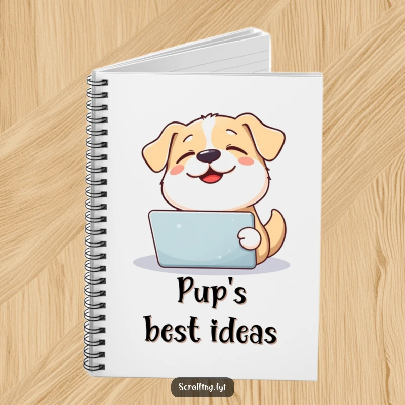 Funny happy sighing dog looks up from a tablet, a humorous notebook for jotting down notes.