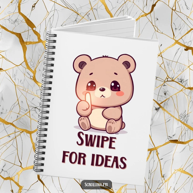 Funny notebook cover with a small bear glued to a glowing screen, thumb swiping, representing humorous digital multitasking.