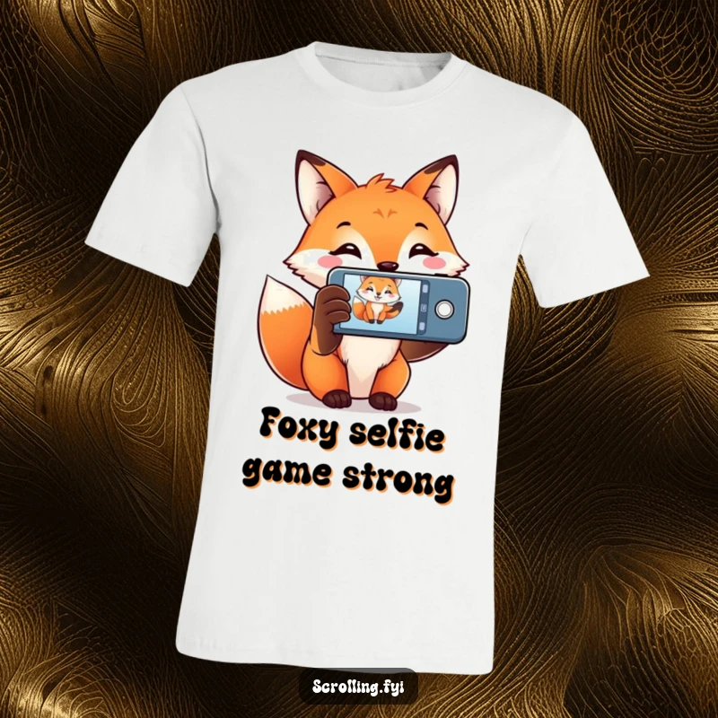Funny Fox T-Shirt with a smiling fox holding a phone up, ready to capture a memorable scene, celebrating photography.