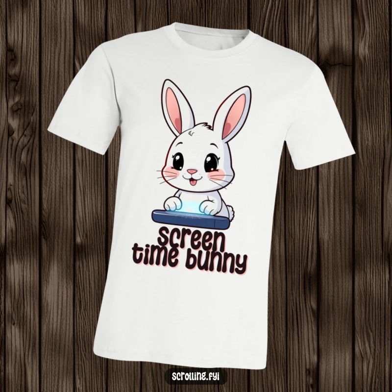 Funny t-shirt depicting a happy bunny with wide eyes, staring intently at a glowing screen, symbolizing digital life humorously.