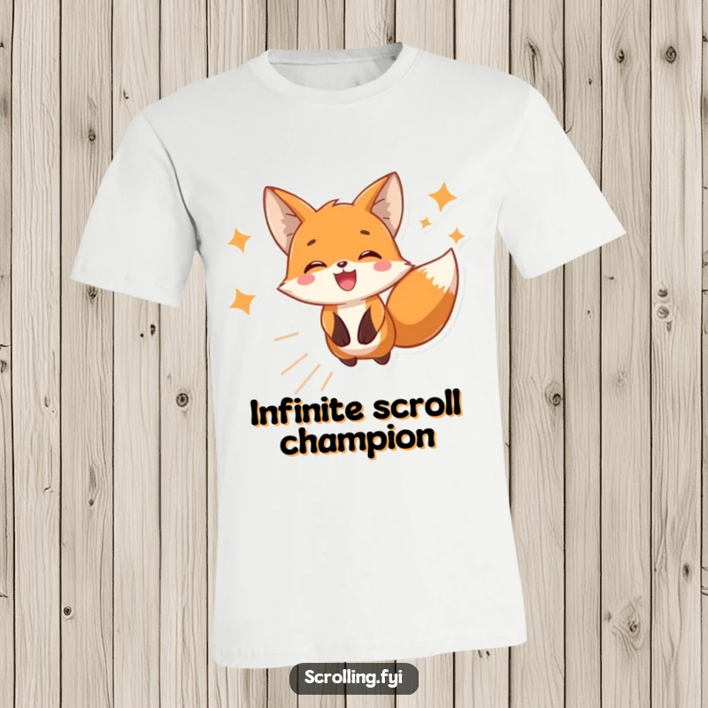 Funny t-shirt with a cheerful fox joyfully scrolling through phone images, a hilarious item for social media enthusiasts and gift-givers.