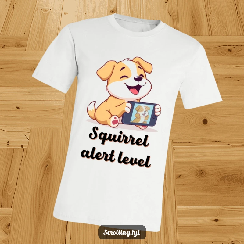 Funny dog t-shirt featuring a joyful dog completely mesmerized by a video playing on a mobile phone.