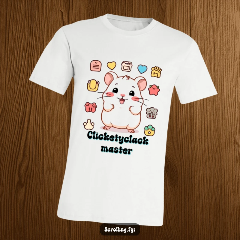 Funny t-shirt with a happy hamster rapidly clicking multiple icons, embodying a humorous and productive character.