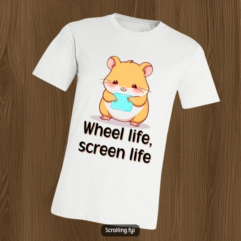 Funny hamster t-shirt, smiling while tapping a glowing gadget, representing small tech enthusiast.