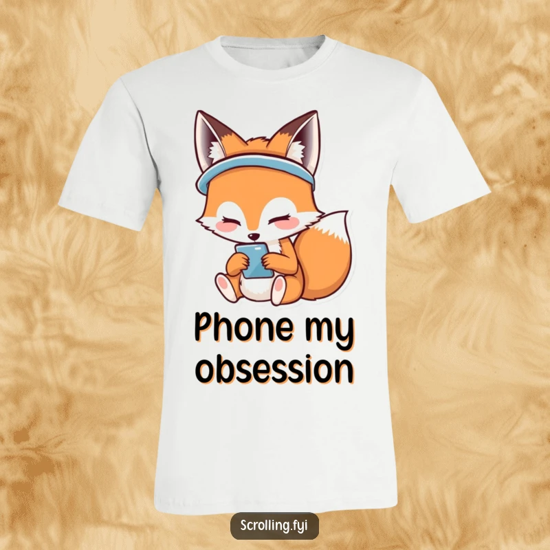 Funny t-shirt of a charming fox with a big smile, deeply engrossed in its phone, radiating digital happiness.