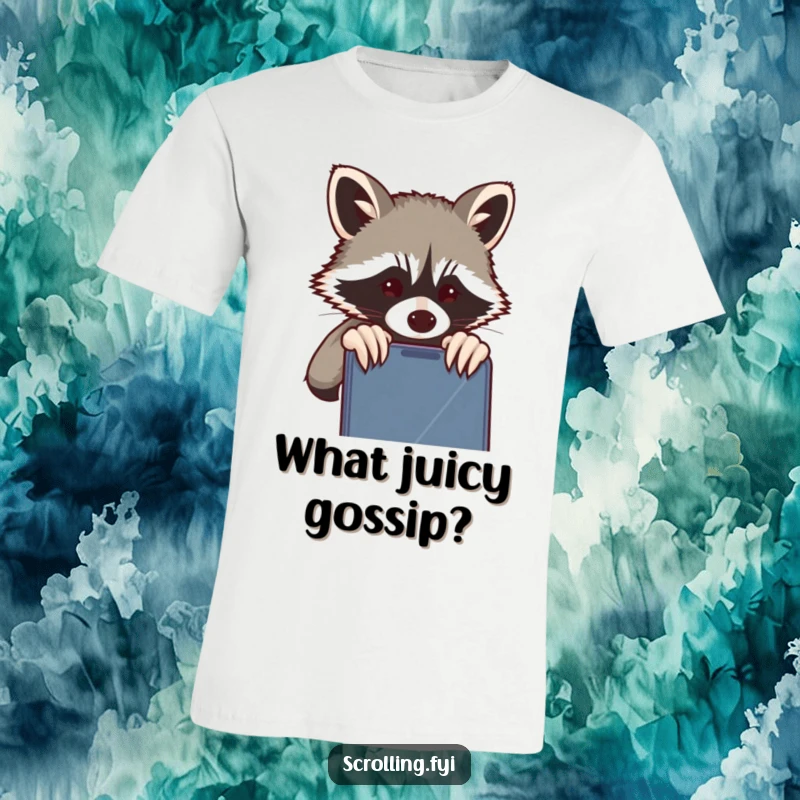 Funny Raccoon T-Shirt: A sneaky raccoon peeking over a shoulder at a phone screen, perfect for humor lovers, gift idea.