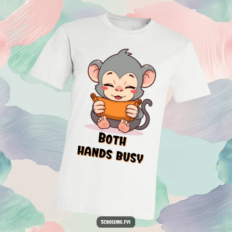 Funny t-shirt showing a monkey with comical intensity, vigorously scrolling with both hands. A humorous take on digital engagement.