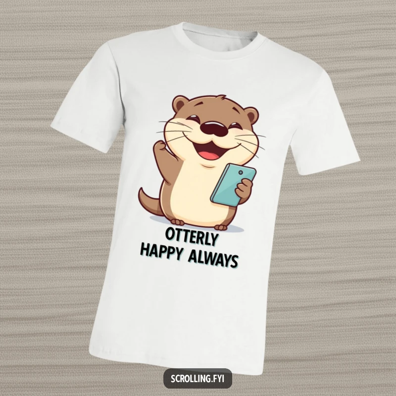Funny otter t-shirt featuring a cheerful otter with a massive grin holding a phone, perfect for happy people.