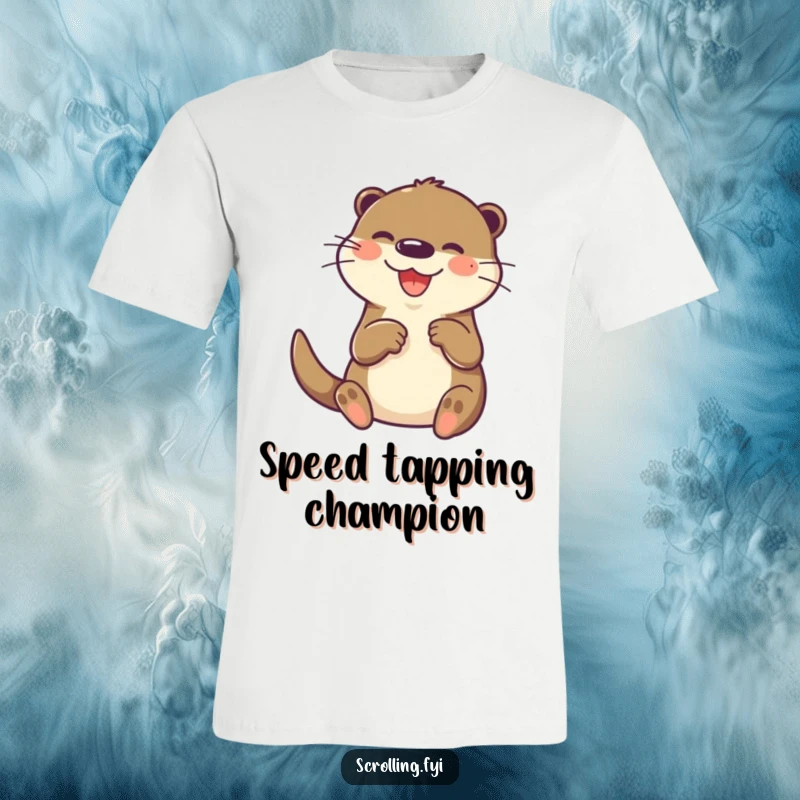 Funny otter t-shirt, joyfully and rapidly tapping on a small screen with its paw, celebrating digital engagement.