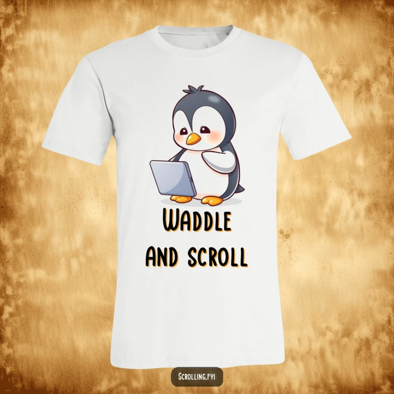 Funny t-shirt with a gleeful penguin engrossed in a tablet, embodying a humorous and screen-obsessed character.