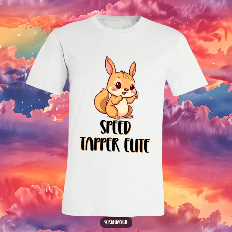 Funny t-shirt featuring a playful squirrel tapping a screen with its finger, ideal for tech enthusiasts and as a humorous present.