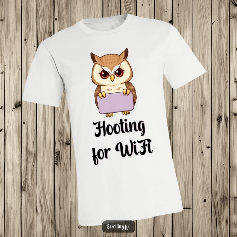 Funny proud owl staring intently into a handheld device on a t-shirt, a humorous take on technology.