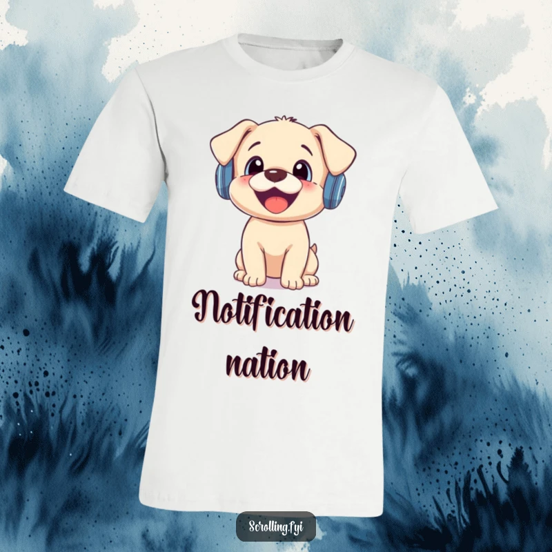 Funny t-shirt showing a jubilant puppy wearing headphones, looking comically surprised by a smartphone notification.