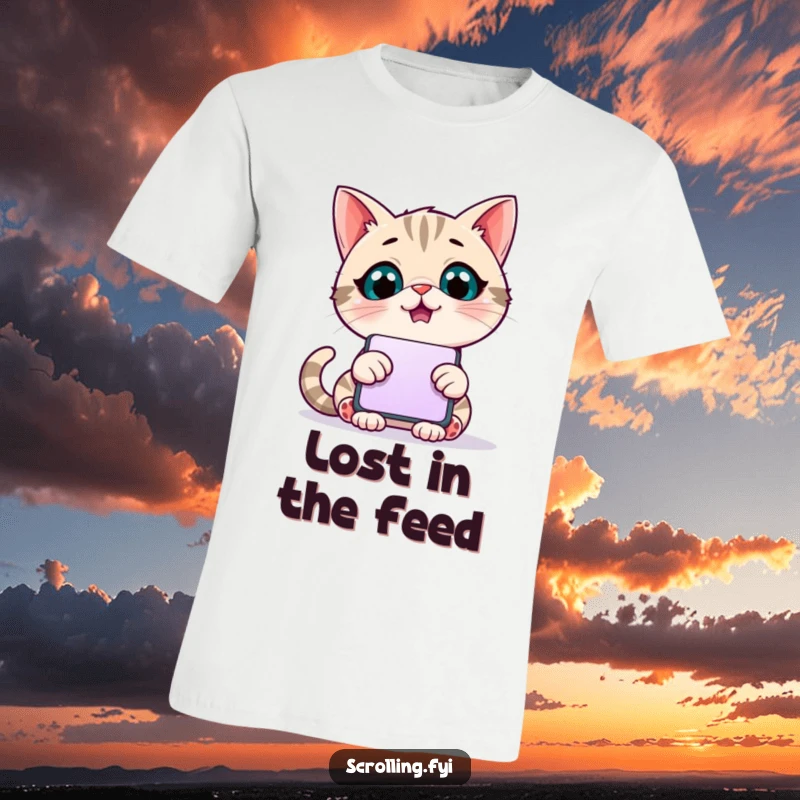 Funny t-shirt depicting a giggling cat mesmerized by a giant scrolling phone screen, celebrating digital life.