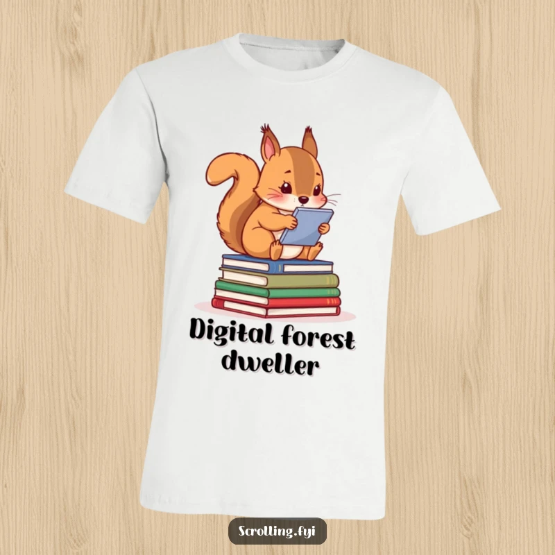 A curious squirrel engrossed in a glowing screen, sitting on a pile of books, showcasing funny tech addiction.