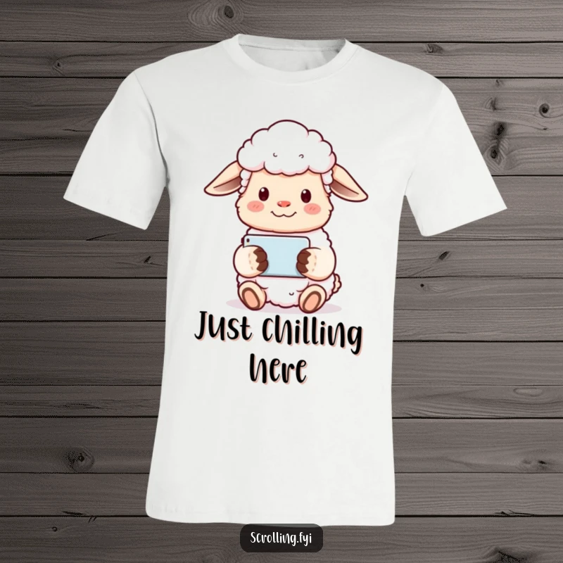 Funny sheep t-shirt design of a content sheep holding a phone horizontally and watching a video serenely.