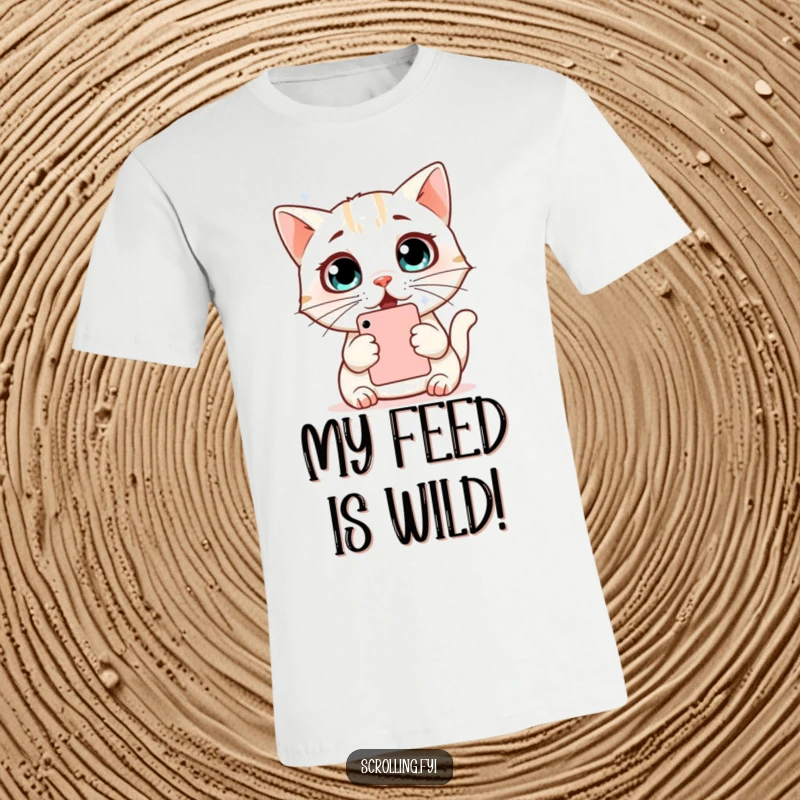 Funny Cat T-Shirt: Adorable surprised cat with wide, amazed eyes staring at a phone, showcasing relatable tech humor, gift idea.