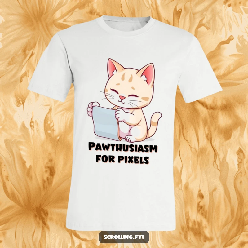Funny cat t-shirt, mid-scroll with paw extended, illustrating a cat's fascination with digital content.