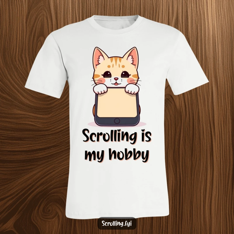 Funny cat t-shirt featuring a cute cat peeking over a massive smartphone screen, perfect for cat and tech lovers.