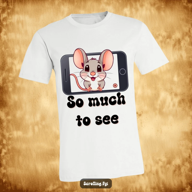 Funny playful mouse intently zooming in on a smartphone screen. Ideal funny t-shirt for tech lovers.