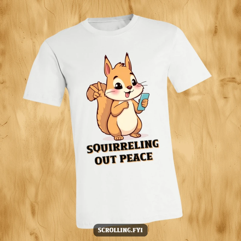 Funny silly squirrel giving a peace sign while looking at a phone on a t-shirt, a fun and quirky design.