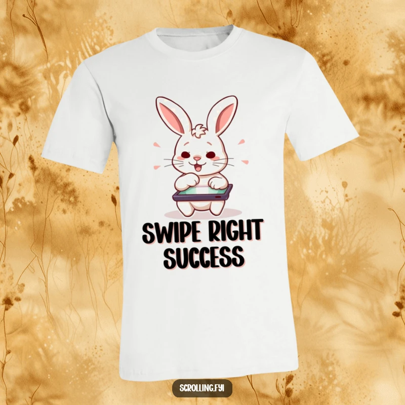 Funny determined rabbit excitedly swiping on a tablet, printed on a t-shirt, a funnny gift.