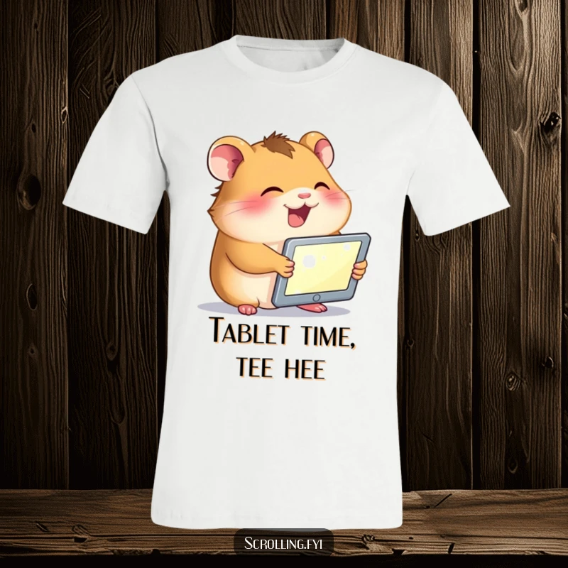 Funny t-shirt depicts a giggling hamster holding a tablet and mesmerized by its illuminated screen, showcasing tech cuteness.