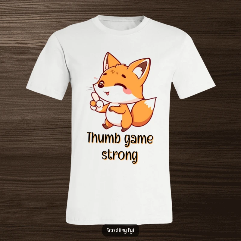 Funny happy fox character swiftly scrolling with its thumb, printed on a t-shirt, a funny gift idea.