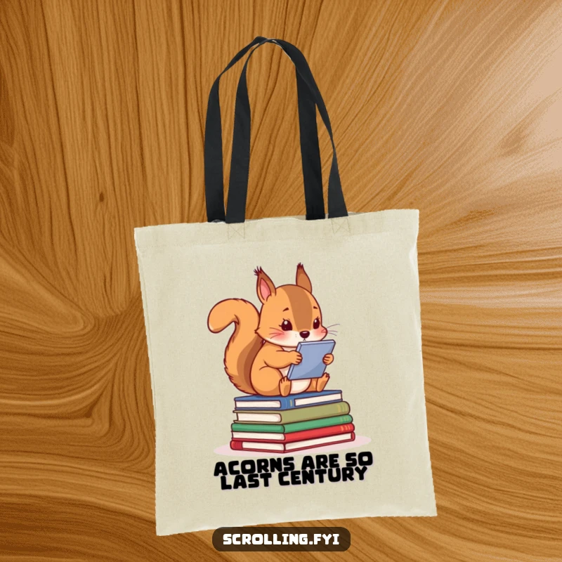 Funny squirrel on a pile of books, staring intently at a screen, a versatile tote bag for book and tech lovers.