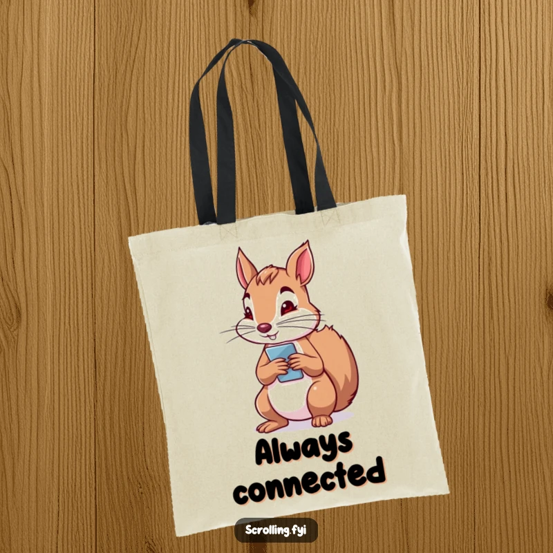 Funny tote bag with a determined squirrel holding a phone vertically, engrossed in scrolling with focused digital intent.