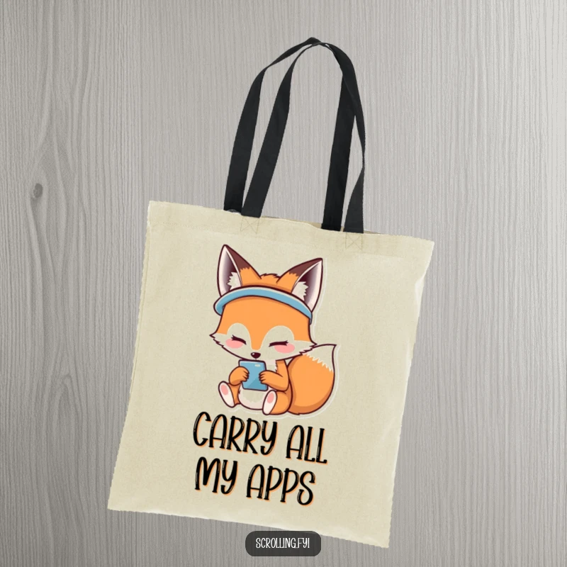 Funny tote bag with a smiling fox happily using its smartphone, showcasing digital connection and joy.