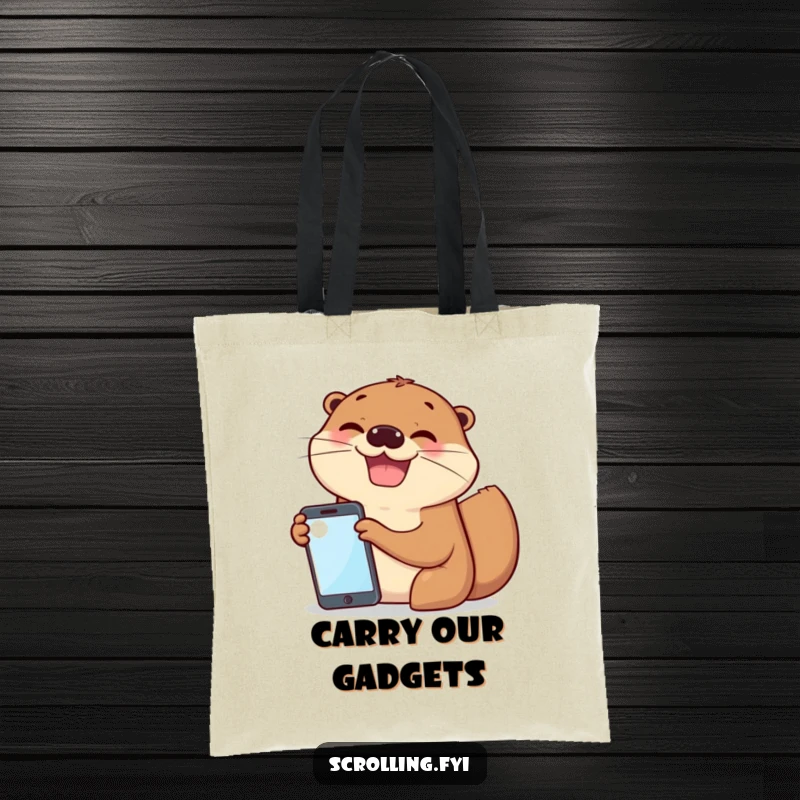 Funny tote bag showing two otters sharing a mobile screen with excitement and big grins, symbolizing friendship.