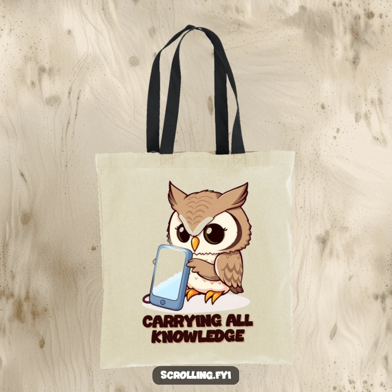 Funny owl tote bag, curiously peering intently at a bright, illuminated phone screen, perfect for carrying knowledge.