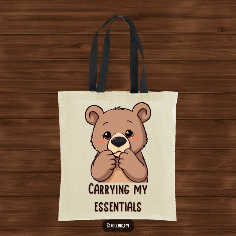 Funny tote bag depicting a determined bear zooming into a photo, a humorous and practical item for carrying essentials.