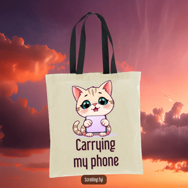 Funny tote bag showing a giggling cat engrossed in a giant scrolling phone, perfect for carrying tech accessories.