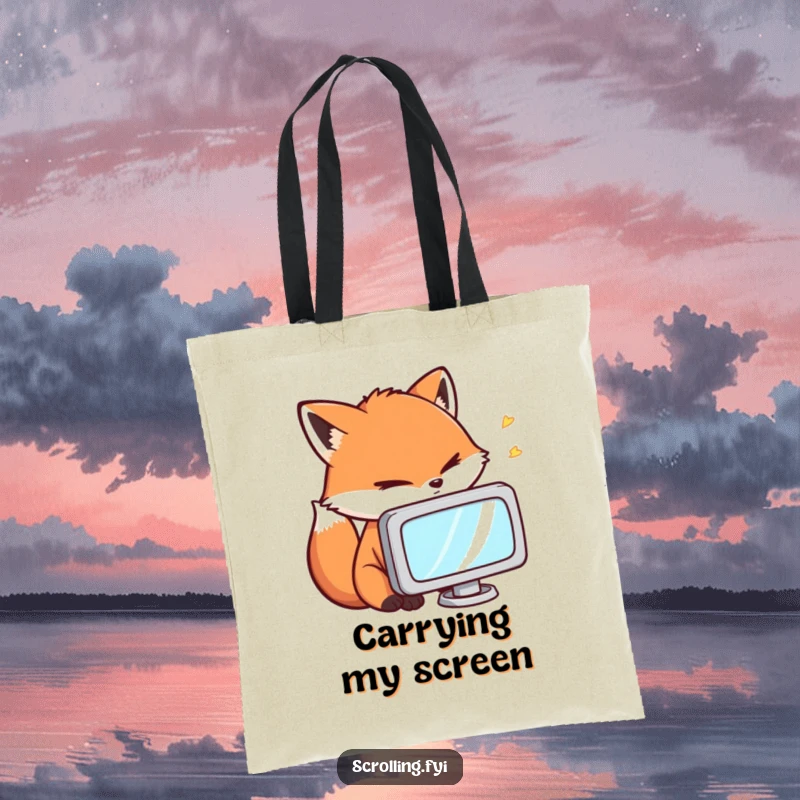 Funny Tote Bag: A fox staring intently at a small screen, perfect for carrying gaming gear or daily essentials with intense humor.